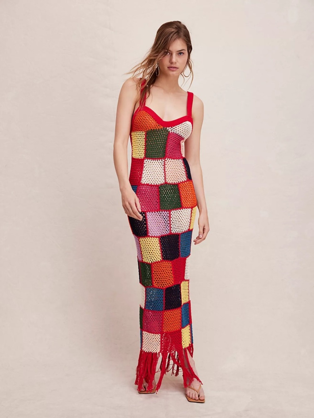 🆕 Carolina K ‘Vera’ Patchwork Crochet Maxi Dress with Fringe L